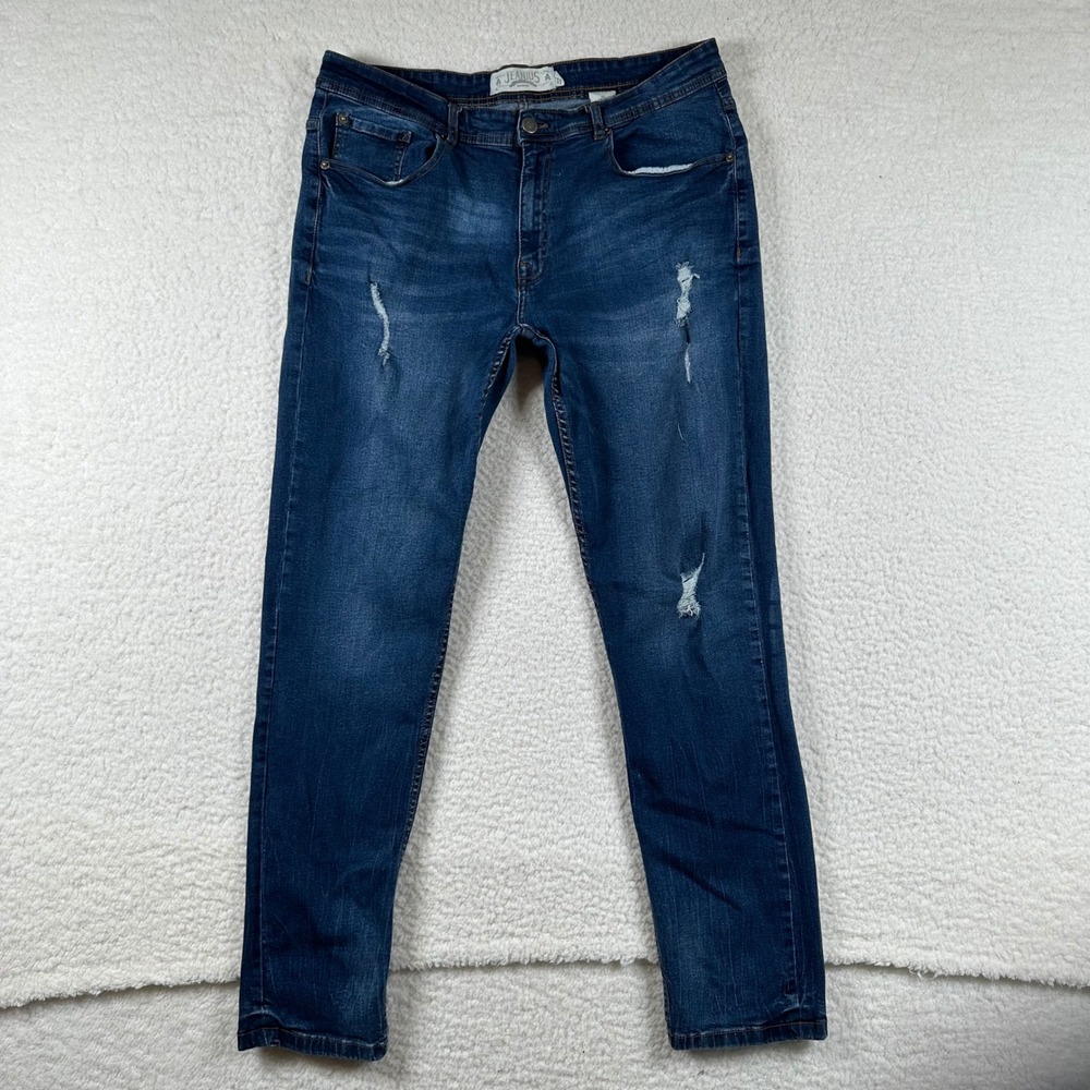 Jeanius Akademiks Slim Distressed Jeans Mens Streetwear 36x32 Blue Grunge Indie